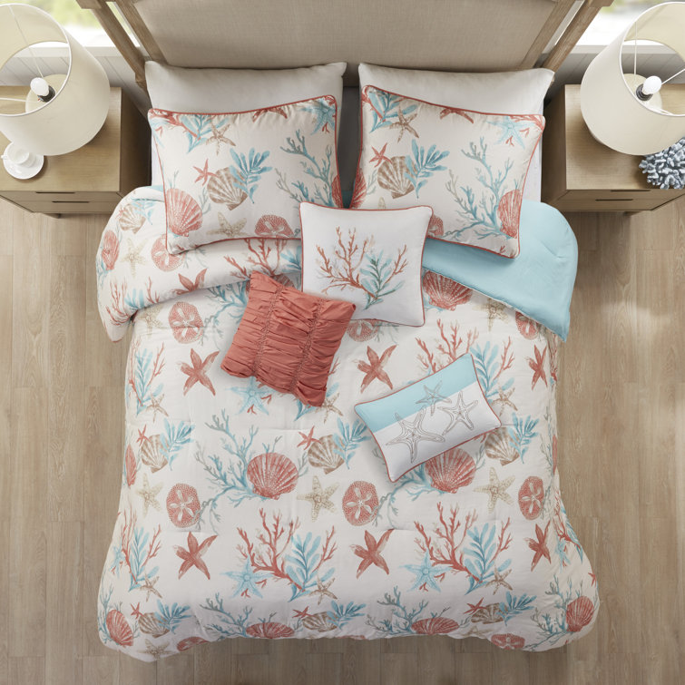 Queen Blue Cotton Reversible Coastal Comforter Set