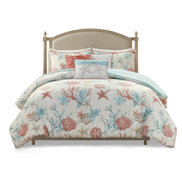 King Aqua Cotton Reversible Coastal Quilt Set