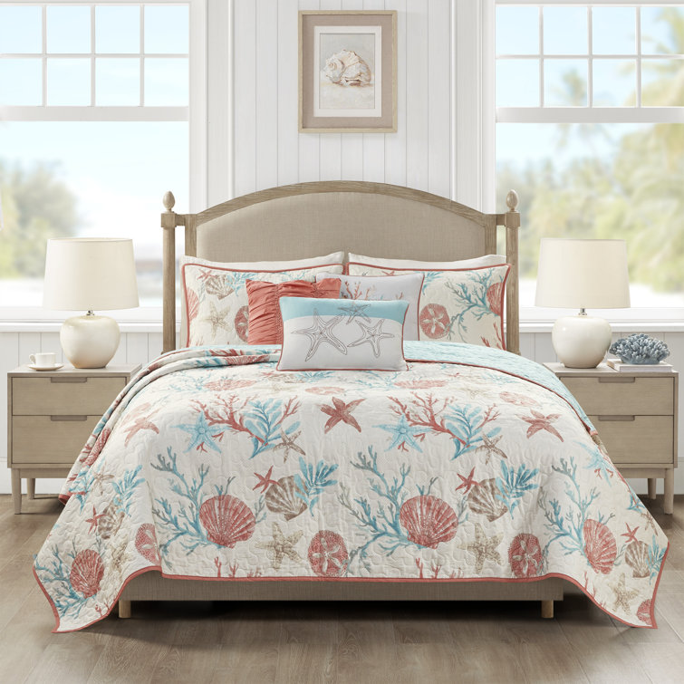 Ivory Cotton Reversible Full Quilt Set with Throw Pillows