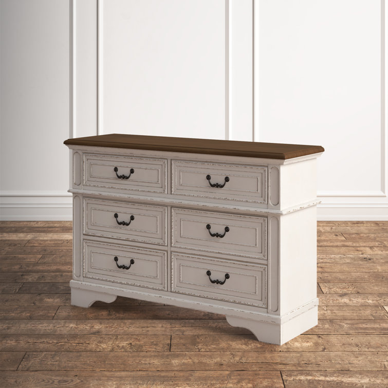 Cottage Charm White & Mahogany 6-Drawer Dresser with Mirror