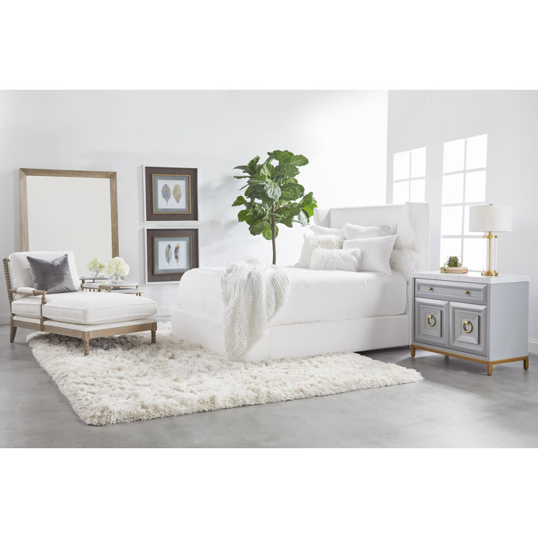 Natural Gray Oak and Pearl Upholstered Chaise Lounge with Brass Castors