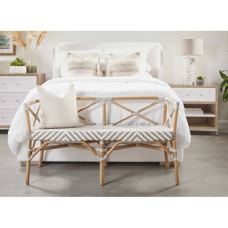 California King White Upholstered Wingback Bed with Oak Frame