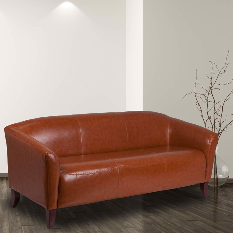 Cognac Faux Leather Tight Back Reception Sofa with Wood Track Arms