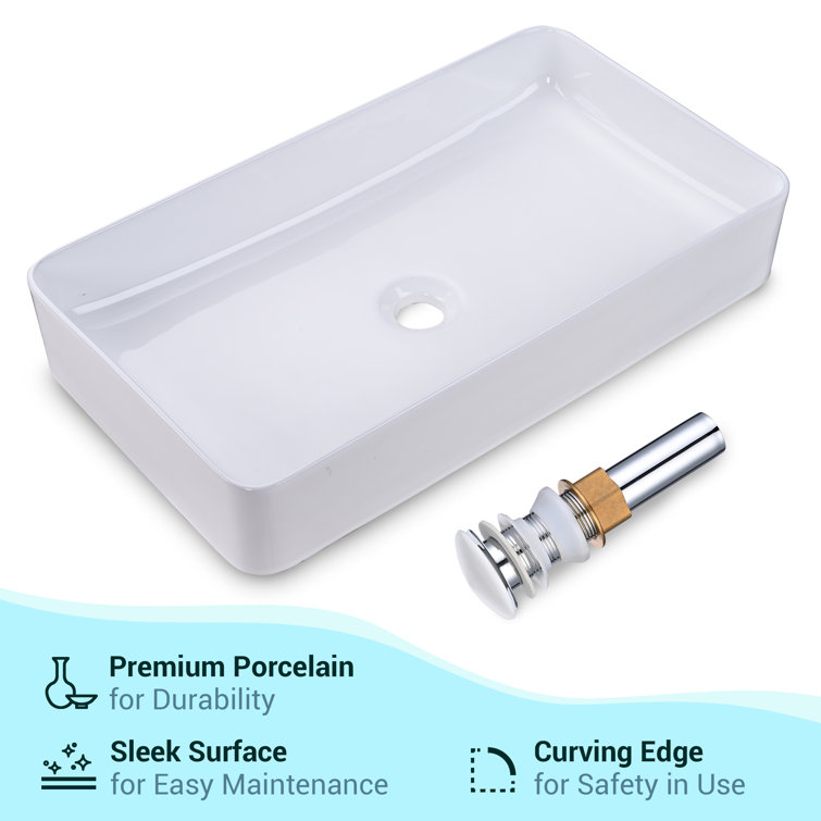 White Ceramic Rectangular Above-Counter Vessel Sink with Pop-Up Drain