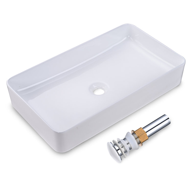 White Ceramic Rectangular Above-Counter Vessel Sink with Pop-Up Drain