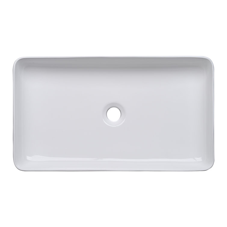 White Ceramic Rectangular Above-Counter Vessel Sink with Pop-Up Drain