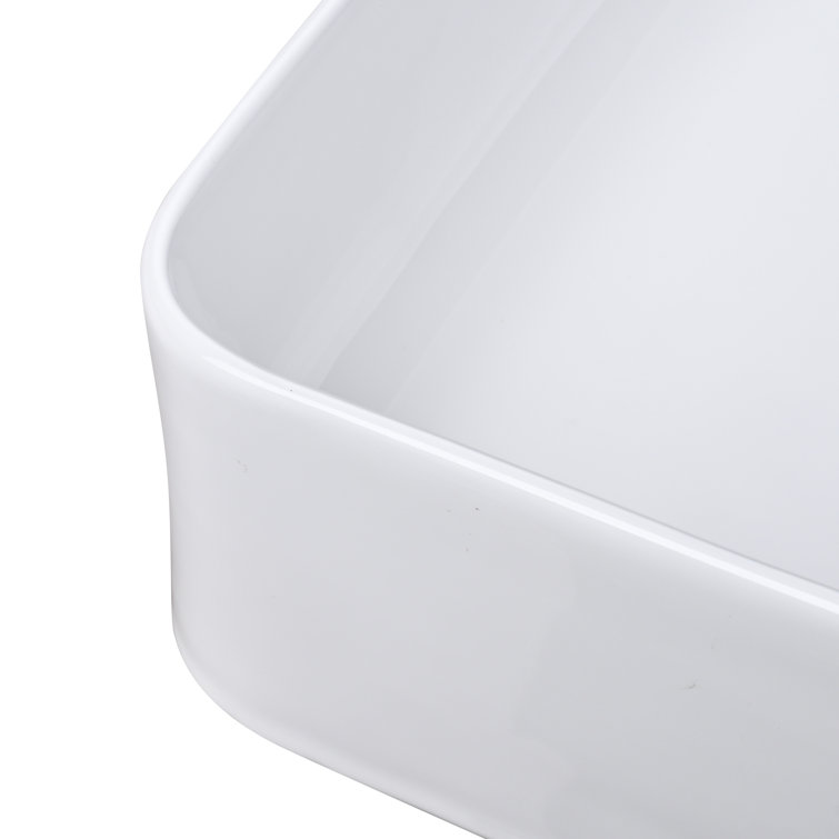 White Ceramic Rectangular Above-Counter Vessel Sink with Pop-Up Drain