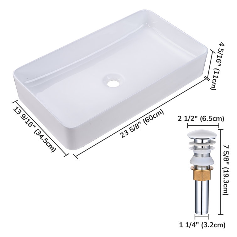 White Ceramic Rectangular Above-Counter Vessel Sink with Pop-Up Drain