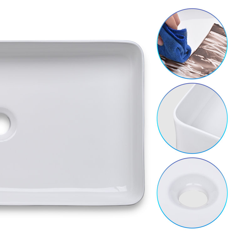 White Ceramic Rectangular Above-Counter Vessel Sink with Pop-Up Drain
