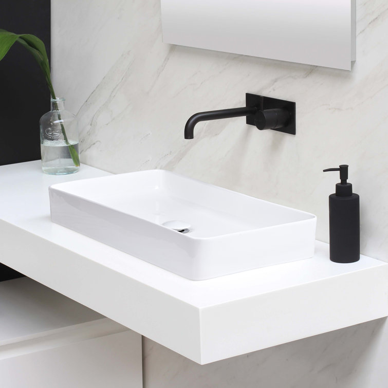 White Ceramic Rectangular Above-Counter Vessel Sink with Pop-Up Drain
