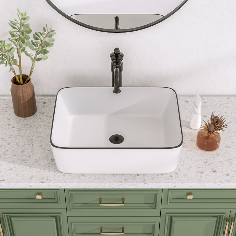 19" White Ceramic Rectangular Vessel Sink with Black Trim