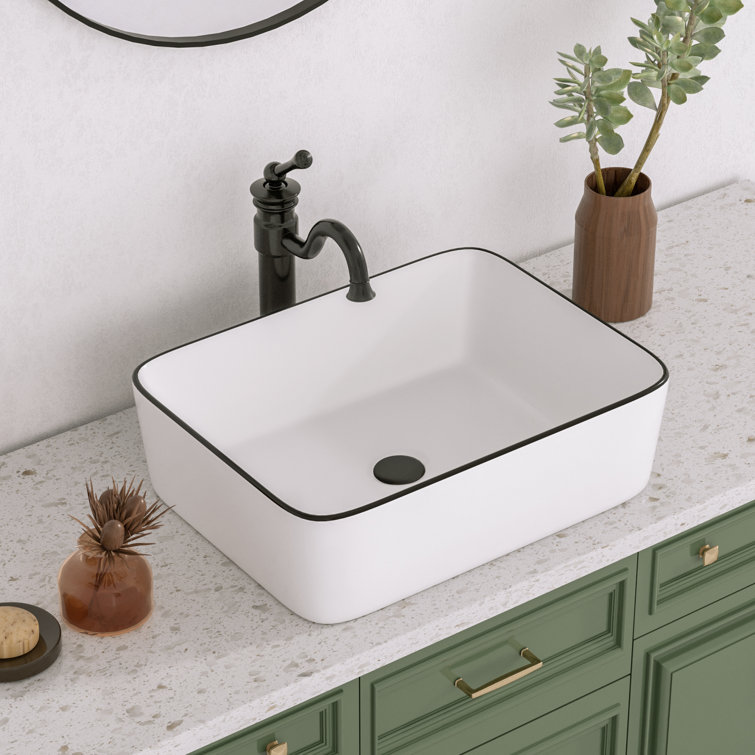 19" White Ceramic Rectangular Vessel Sink with Black Trim