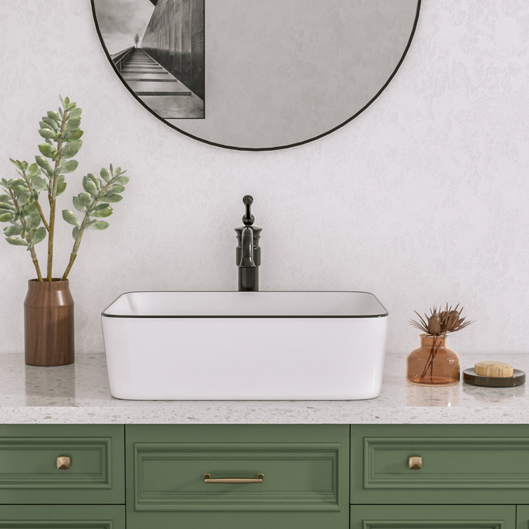 19" White Ceramic Rectangular Vessel Sink with Black Trim