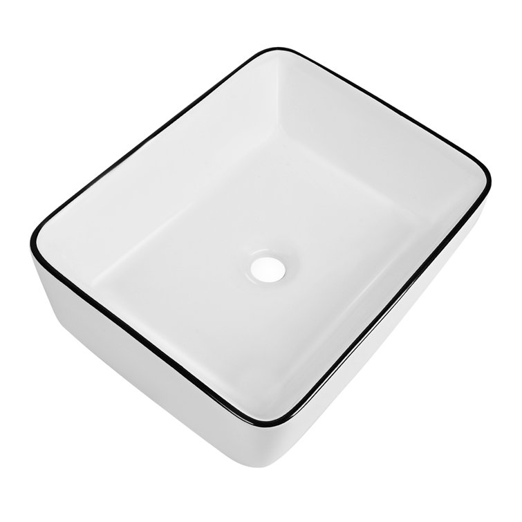 19" White Ceramic Rectangular Vessel Sink with Black Trim