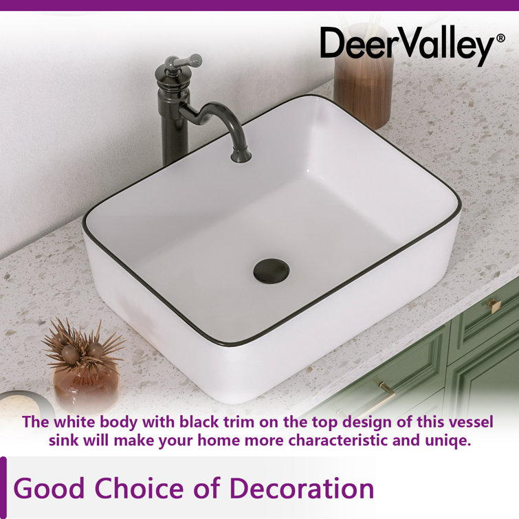 19" White Ceramic Rectangular Vessel Sink with Black Trim