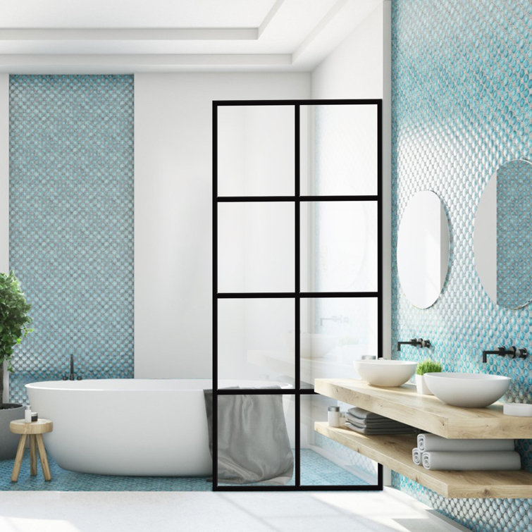 Madeira 34" x 72" Matte Black Grid Pattern Glass Shower Door