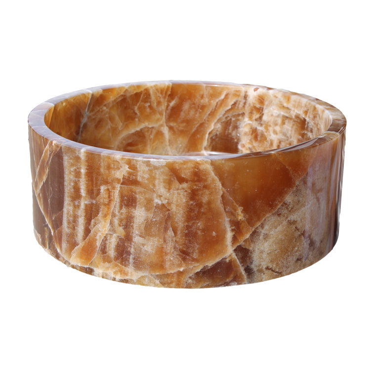 Honey Onyx Circular Stone Vessel Bathroom Sink, 16 inches