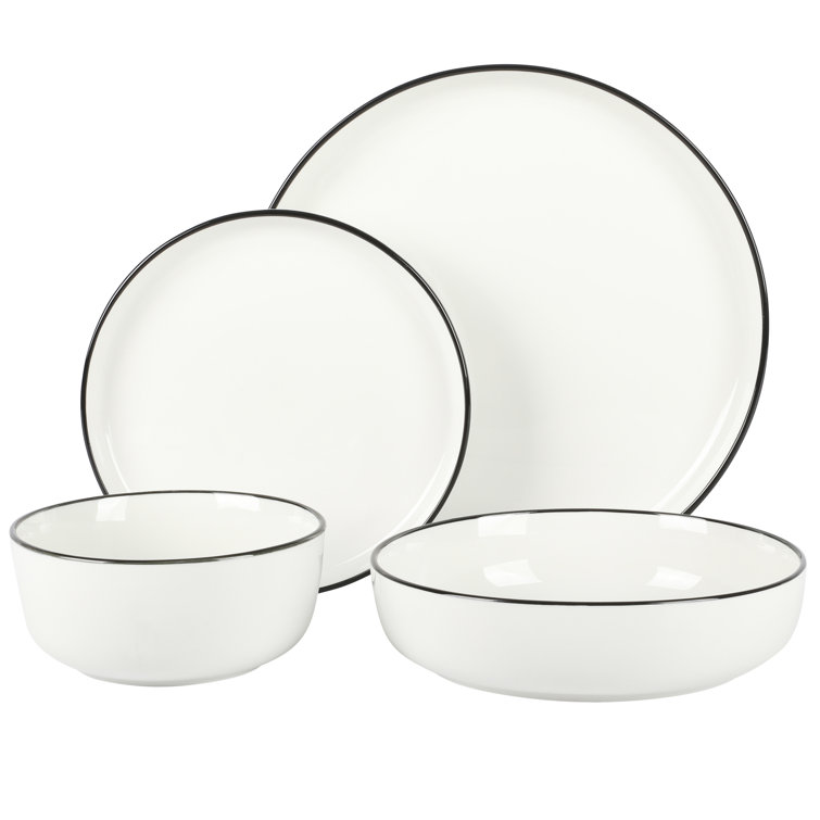 Oslo White Porcelain Dinnerware Set with Black Rim, Service for 4