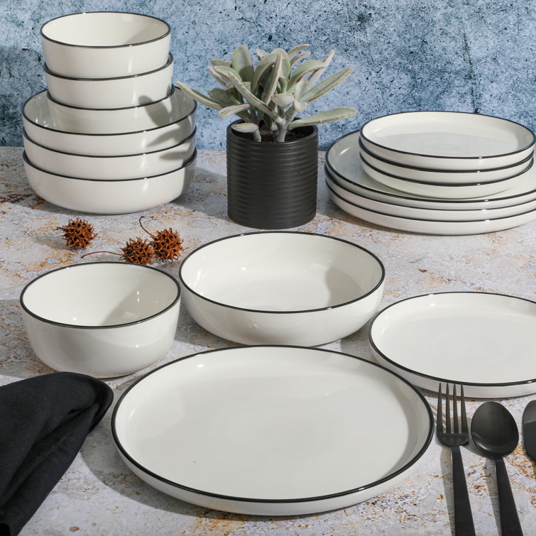 Oslo White Porcelain Dinnerware Set with Black Rim, Service for 4