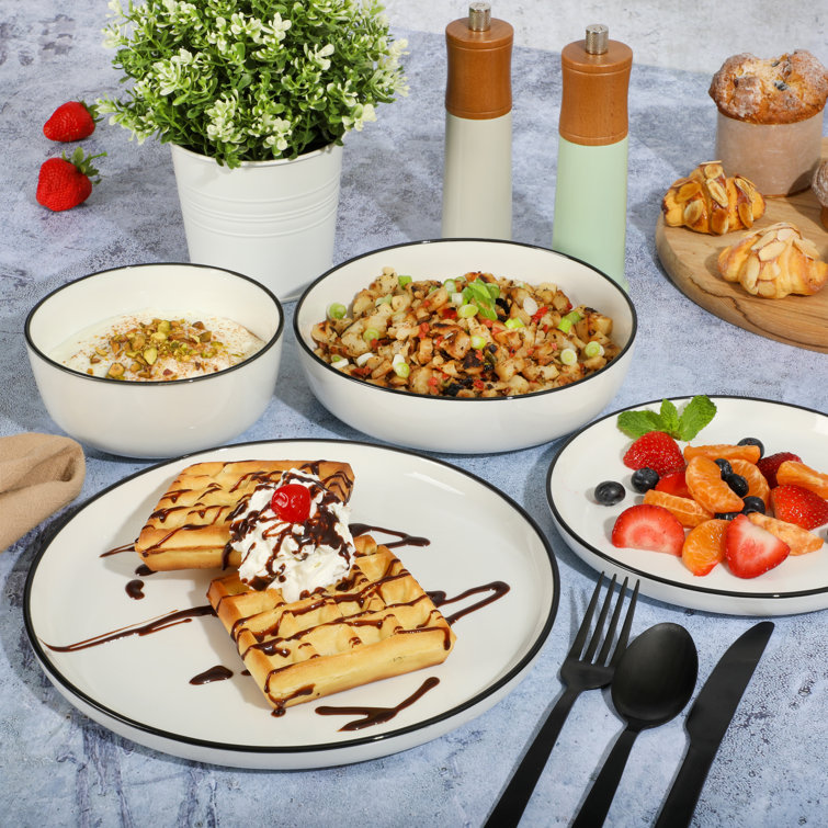 Oslo White Porcelain Dinnerware Set with Black Rim, Service for 4