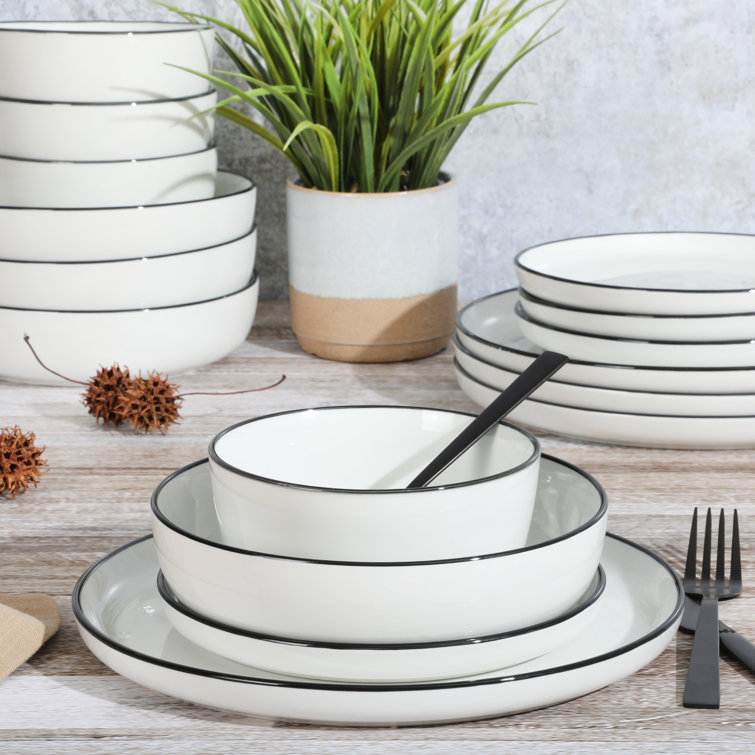 Oslo White Porcelain Dinnerware Set with Black Rim, Service for 4