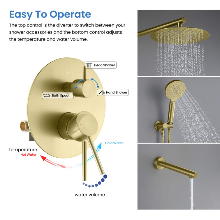 Brushed Gold Circular 3-Function Shower System with Brass Valve