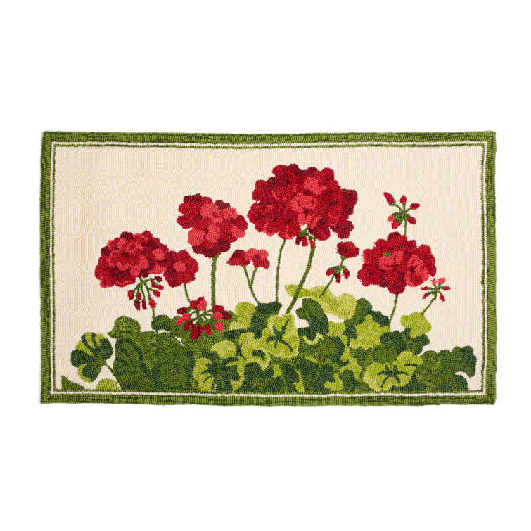 Geranium Red Floral Hand-Hooked Doormat 24"x42"
