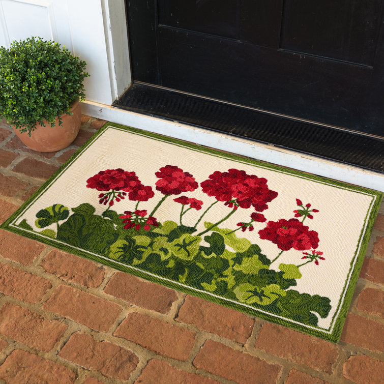 Geranium Red Floral Hand-Hooked Doormat 24"x42"