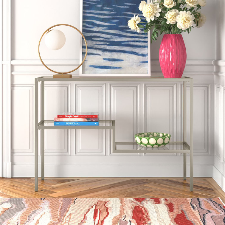 Evelyn&Zoe Lovett Modern Brushed Gold Console Table with Tempered Glass Shelves