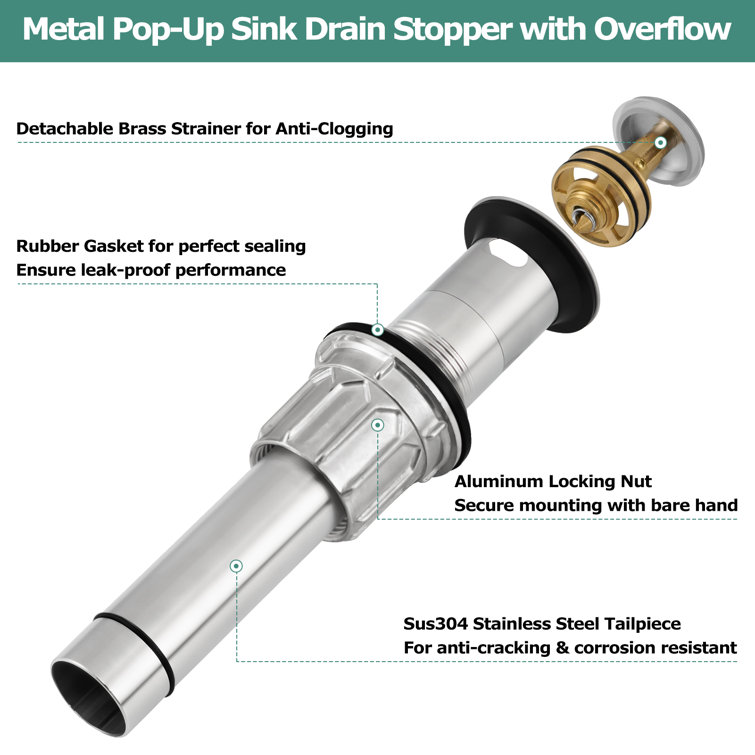 Brushed Nickel Metal Pop-Up Bathroom Sink Drain with Overflow