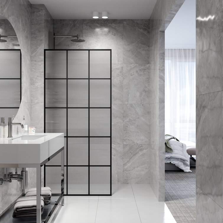 Mosaic Matte Black 34" x 74" Fluted Glass Shower Screen
