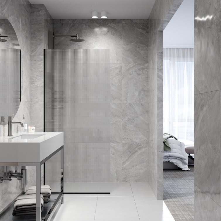 Zenith 34" Matte Black Frameless Fluted Glass Shower Screen