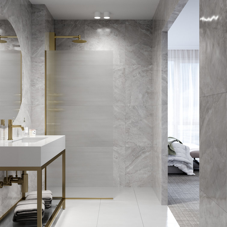 Zenith 34" Matte Gold Frameless Fluted Glass Shower Screen
