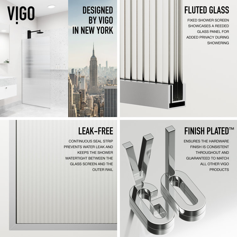 Zenith 34" x 74" Frameless Shower Screen with Fluted Glass in Black