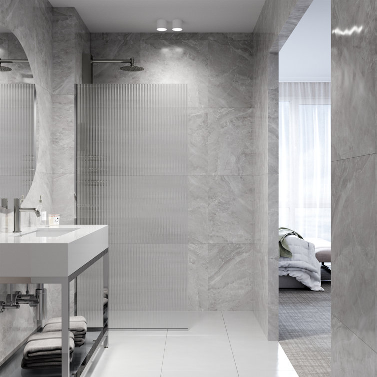 Zenith 34" x 74" Frameless Shower Screen with Fluted Glass in Black