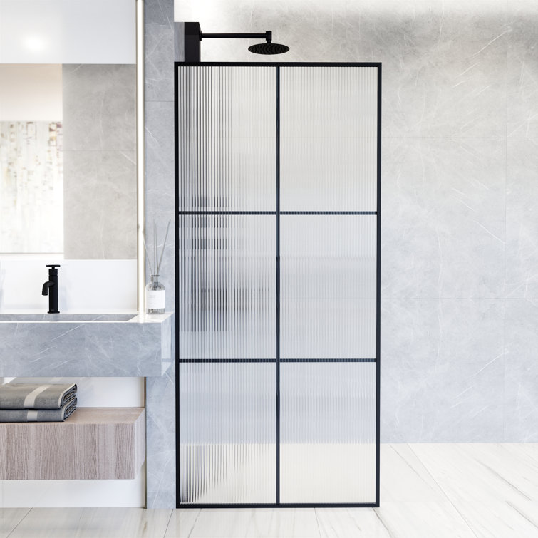 Ventana Matte Black 34" x 74" Framed Shower Screen with Fluted Glass