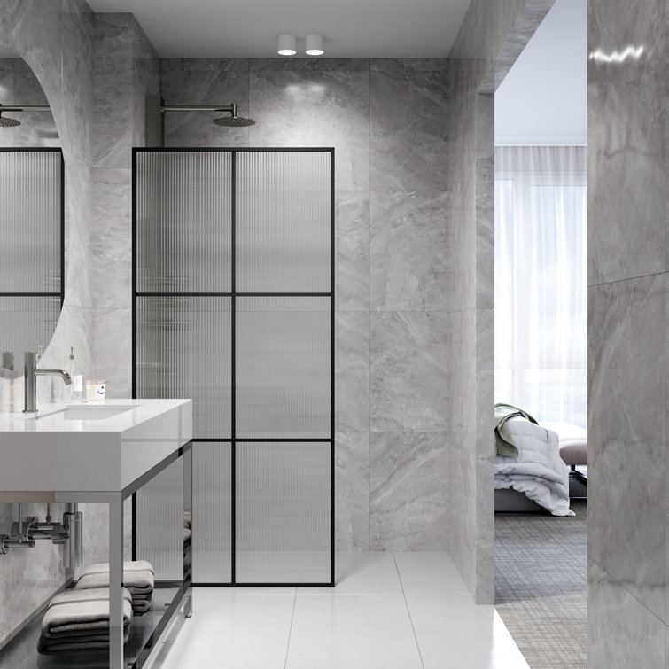 Ventana Matte Black 34" x 74" Framed Shower Screen with Fluted Glass