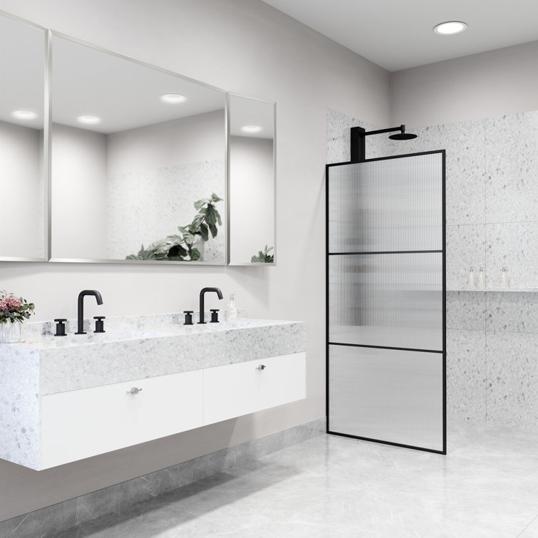 Divide 34" W x 74" H Matte Black Fluted Glass Shower Screen