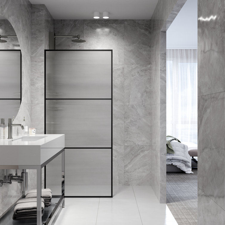 Divide 34" W x 74" H Matte Black Fluted Glass Shower Screen