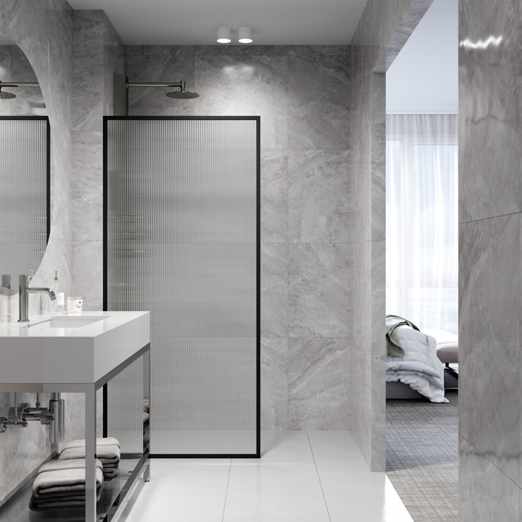 Meridian Matte Black Fluted Glass Shower Screen 34" x 74"