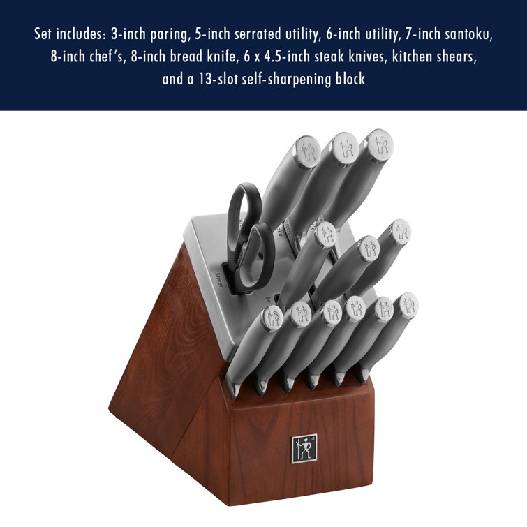 HENCKELS Modernist 14-Piece Self-Sharpening Knife Set with Block, Chef Knife, Paring Knife, Bread Knife, Steak Knife, Stainless Steel, Walnut