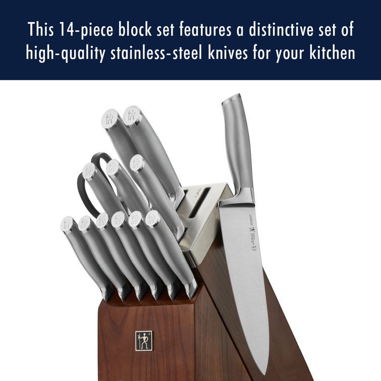 HENCKELS Modernist 14-Piece Self-Sharpening Knife Set with Block, Chef Knife, Paring Knife, Bread Knife, Steak Knife, Stainless Steel, Walnut