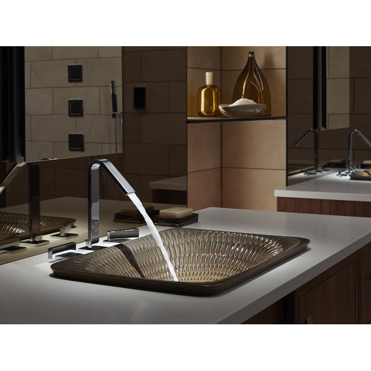 Translucent White Rectangular Ceramic Vessel Sink with Carved Texture