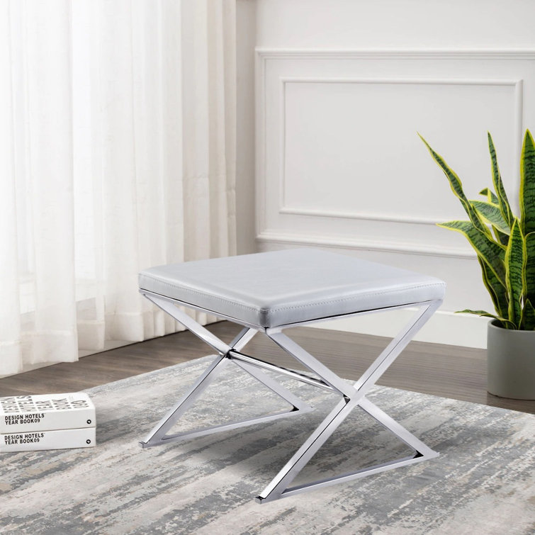 Compact Luxe White Faux Leather Bench with Chrome Base