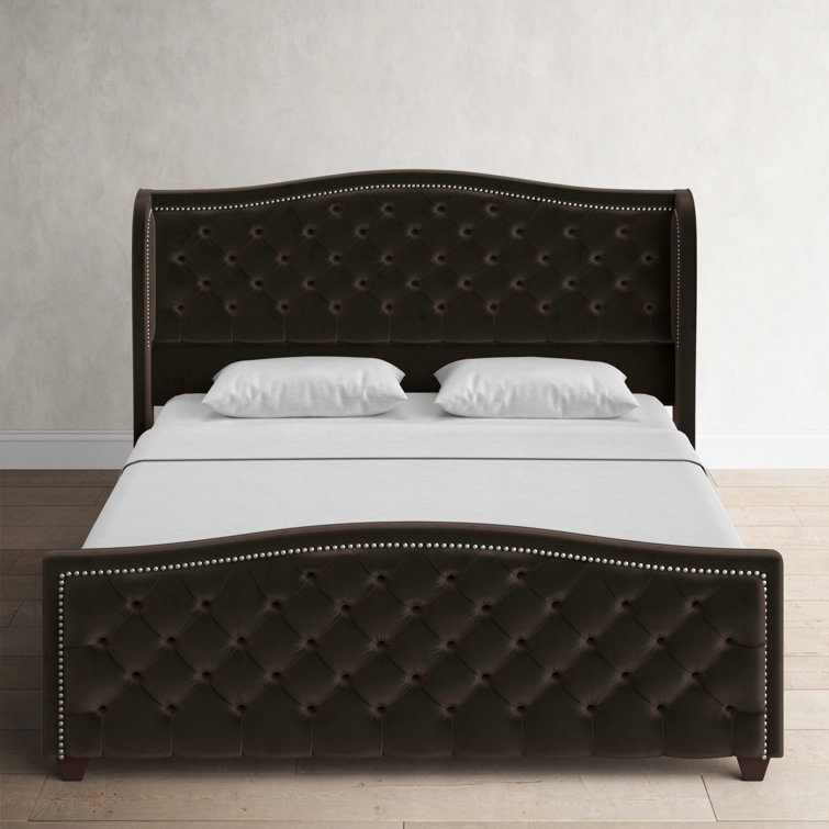 Arctic Blue Velvet Upholstered King Bed with Nailhead Trim