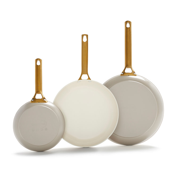 Taupe and Gold Aluminum Ceramic Nonstick Fry Pan Set, 8", 10", 12"