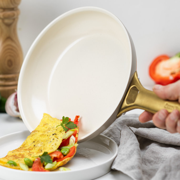 Taupe and Gold Aluminum Ceramic Nonstick Fry Pan Set, 8", 10", 12"