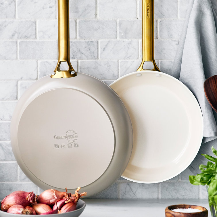 Taupe and Gold Aluminum Ceramic Nonstick Fry Pan Set, 8", 10", 12"
