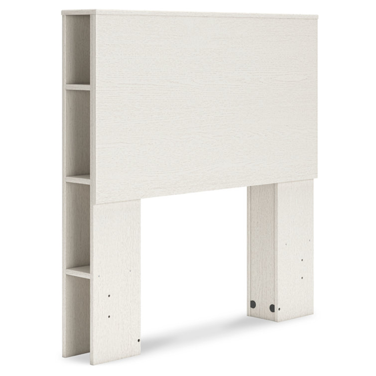 White Twin Upholstered Wood Bookcase Headboard with Storage
