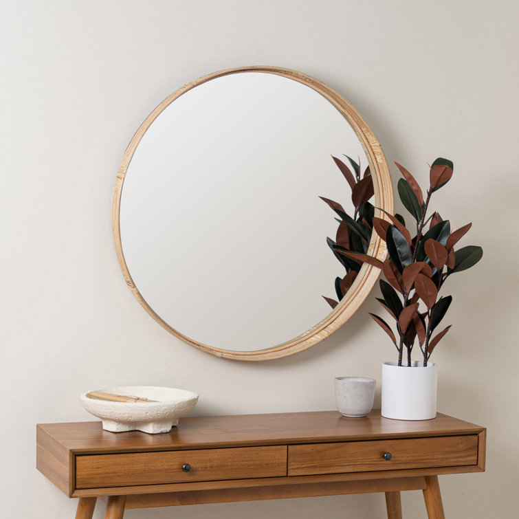 Adaline 35" Natural Round Wood and Rattan Wall Mirror